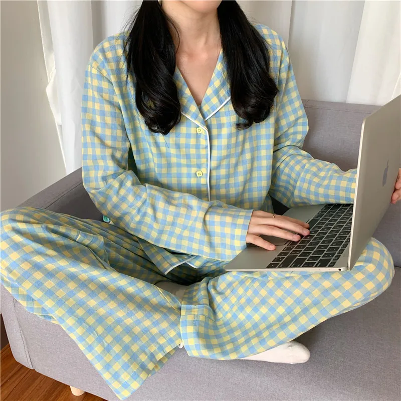 

CAIYIER Korean Purple Grid Girls Pajamas Set Cute Winter Long Sleeve Leisure Sleepwear For Women Loose Nightwear Homewear Suit