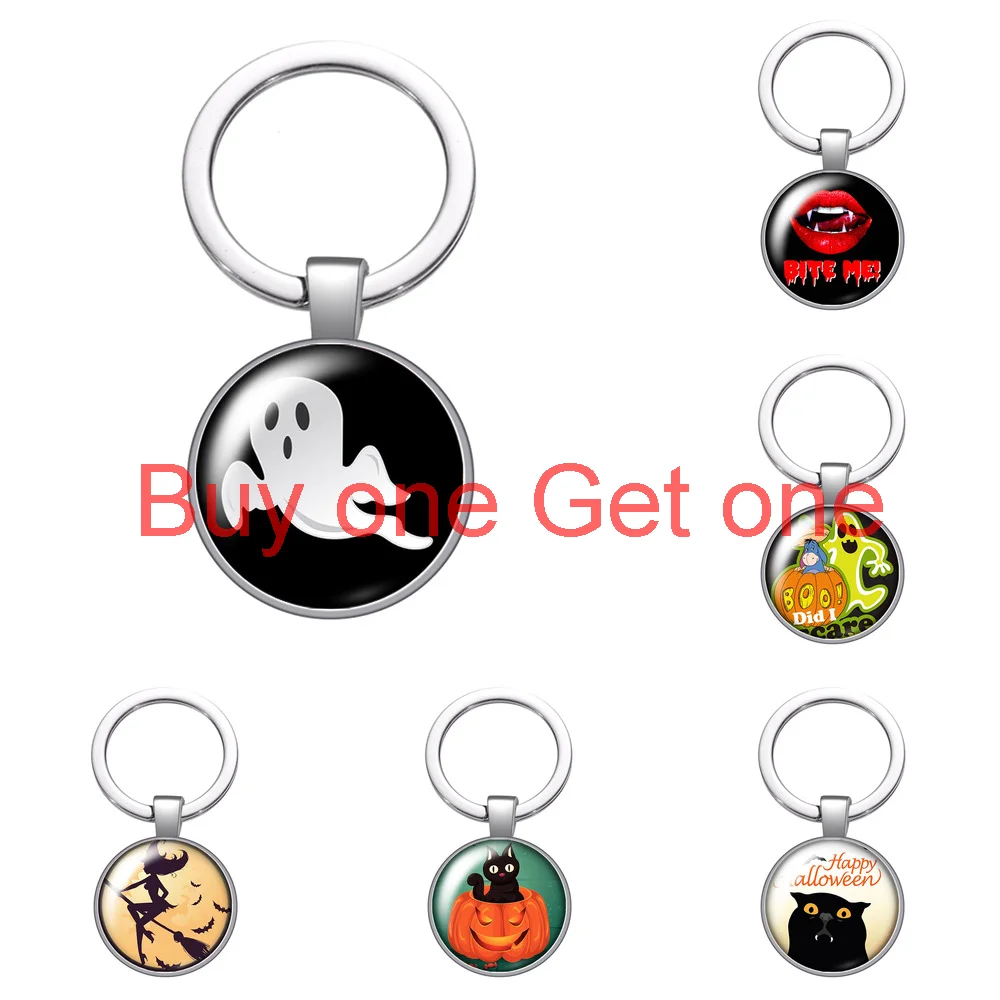 

Halloween Ghost Pumpkin Bat Glass Cabochon Keychain Bag Car Key Chain Ring Holder Silver Color Keychains for Men Women Gifts