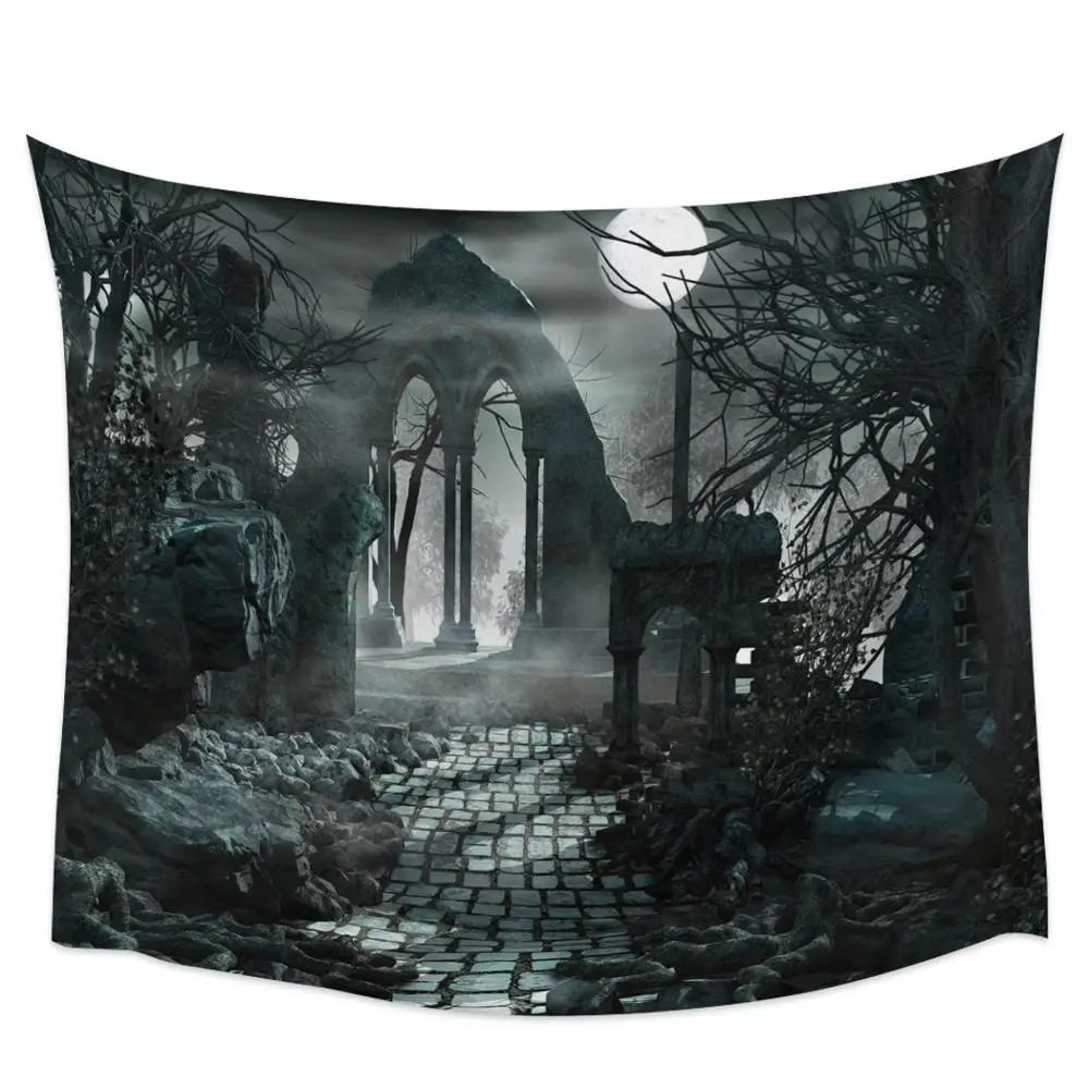 Tapiz de pared negro de noche de Horror de arquitectura gótica de Halloween, cubierta de toalla de playa, decoración del hogar