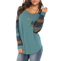 autumn women t shirts casual striped color block long sleeve round neck front pocket blouses basic tunic tops pullover