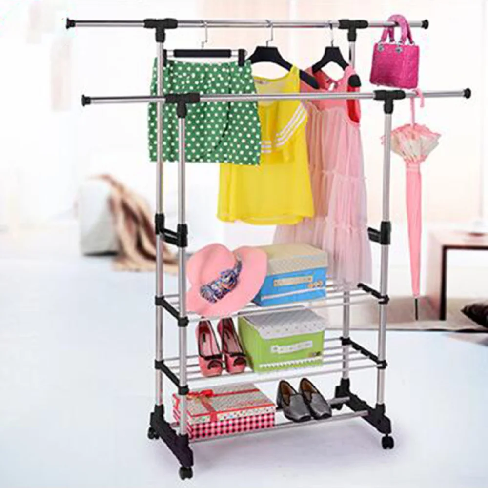 

Heavy Duty Double Rail Adjustable Telescopic Rolling Clothing and Garment Rack Portable Hanger on Wheels (Silver)