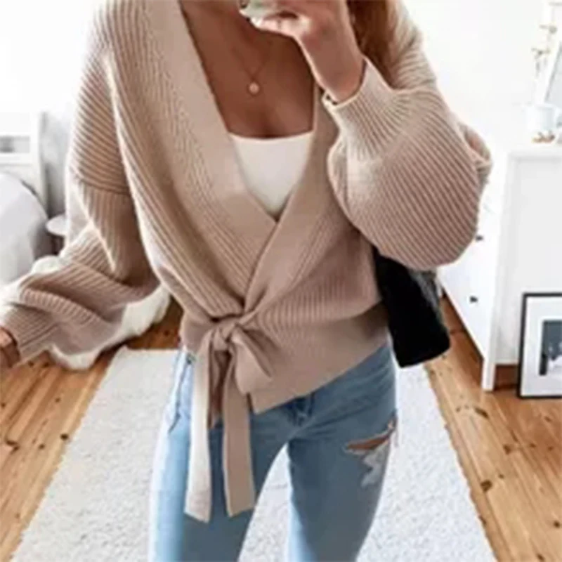 

Women Casual Lace-up Cardigan Coat Zaraing 2021 V-Neck Knit Sweater Solid Color Jumpers Autumn Winter Warm Female Top
