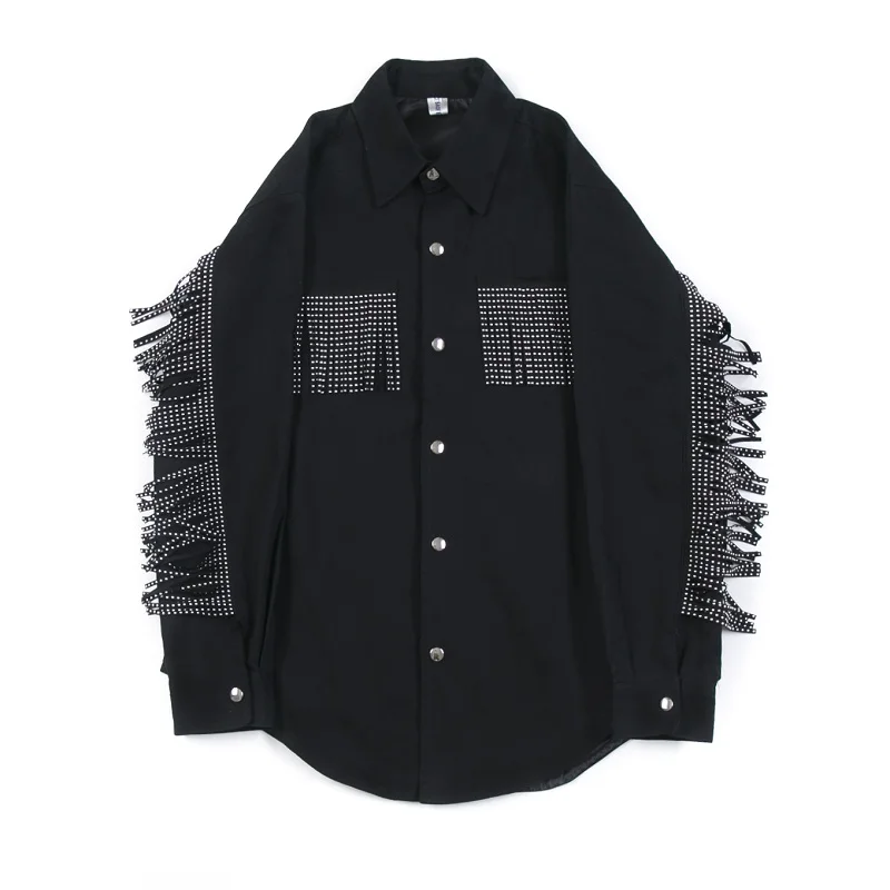 

Male Vintage Fashion Streetwear Hip Hop Punk Party Stage Show Dress Shirt Men Long Sleeve Tassel Loose Casual Shirt Style Coat