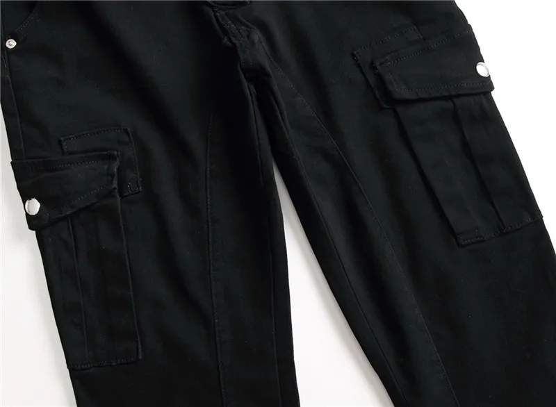 

2020 black jeans men's Multi Pocket overalls slim tight small straight tube water wash cotton men's jeans trend