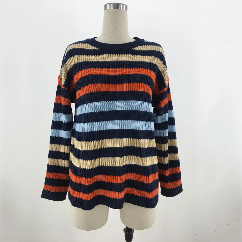 Blue Striped Sweater Women Long Sleeve O-Neck Knitted Pullovers and Sweaters Autumn Streetwear Knitting Jumpers Winter Clothes | Женская