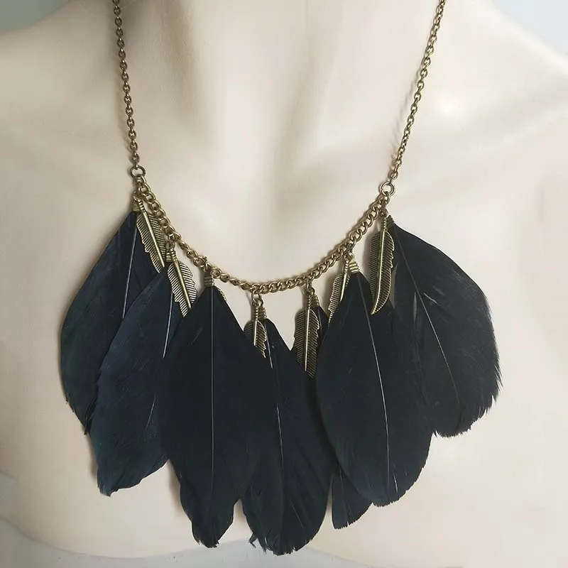 2019 New Bronze Leaves Black Feathers For Women Pendant Gift Ethnic Bohemian Choker Long Necklace Drop Shipping | Украшения и