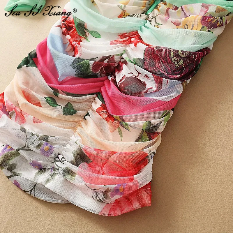 

Seasixiang Fashion Designer Summer Mesh Dress Women's Long Sleeve Floral Print Sexy Package Buttocks Dresses