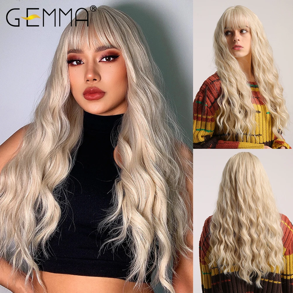 

GEMMA Cosplay Synthetic Wigs Long Water Wave Blonde Wig with Bangs for Women Lolita Party Daily Wig High Temperature Fiber Hair