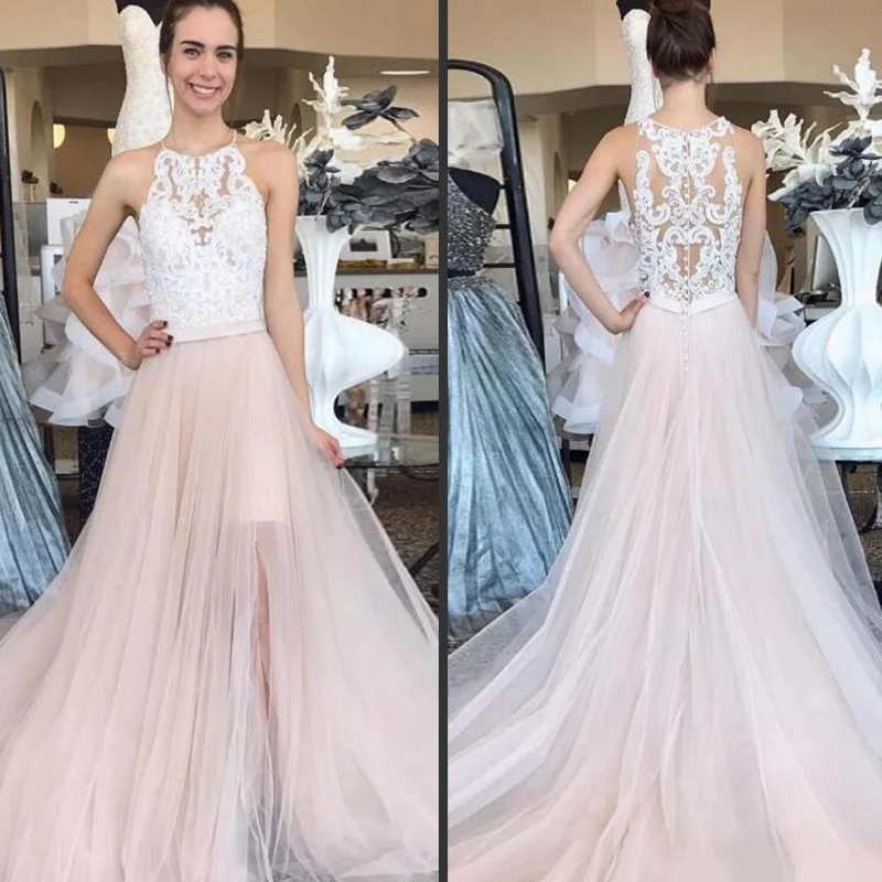 2020 новые розовые тюлевые Длинные вечерние платья выпускные аппликация из белого