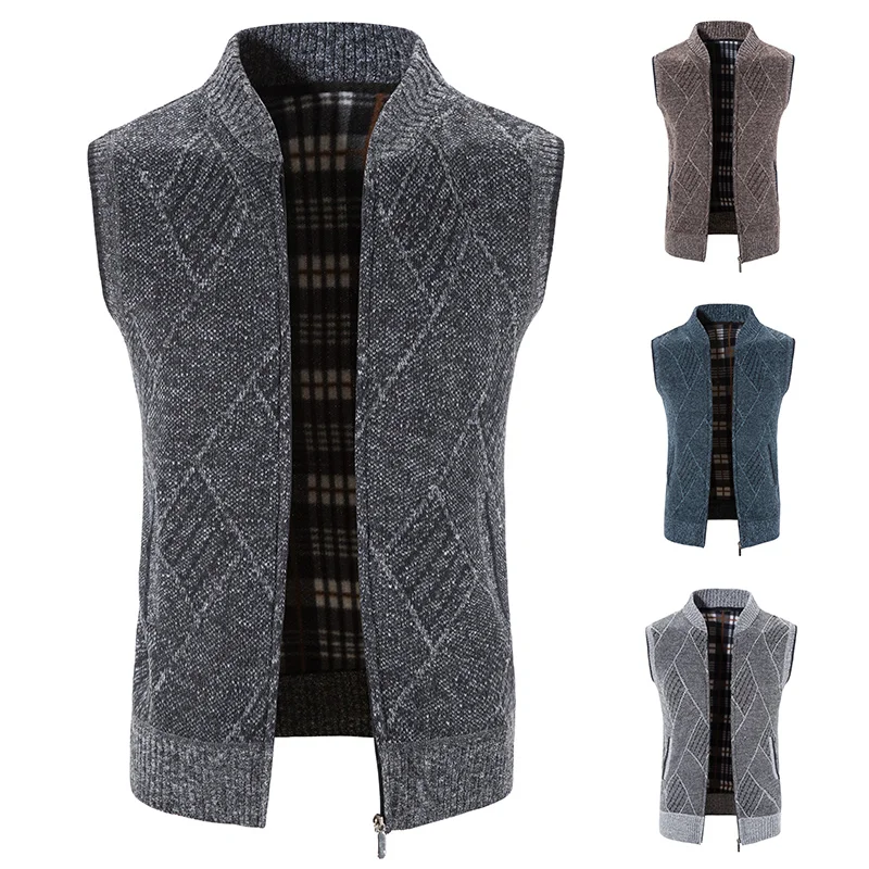 Men's New Cardigan Sleeveless Striped Vest Spring Fall Sweater Fleece thick Winter Sweater Casual Fashion Baseball collar Coat