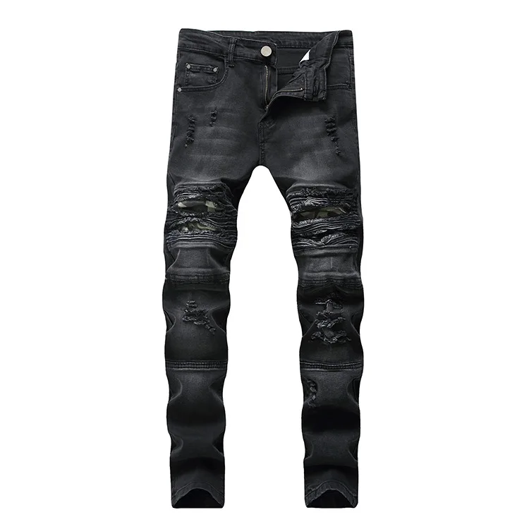 

2C Men's Jeans High Street Knee Hole Black Slim ocomotive Pants custom logo print on product and package from 1pc dropship