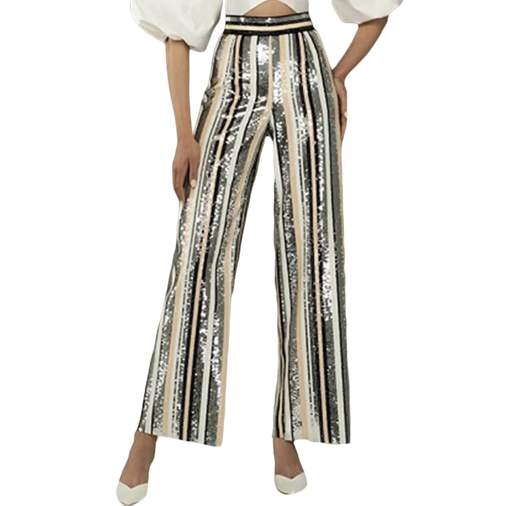 New Women's Fashion Casual Pants In Autumn And Winter Europe And America Stripe Sequin Bead High Waist Thin Wide Leg Pants