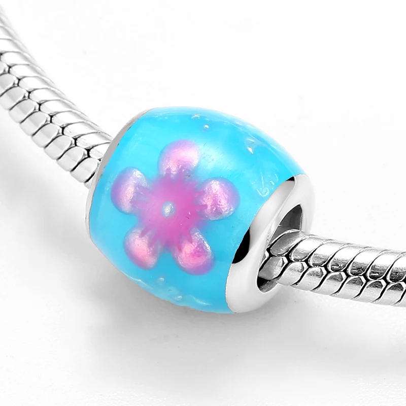 New 925 sterling silver Misty pink flowers Fit Original europeu Bracelet blue Enamel Charms Beads fine Jewelry Making for women | Украшения