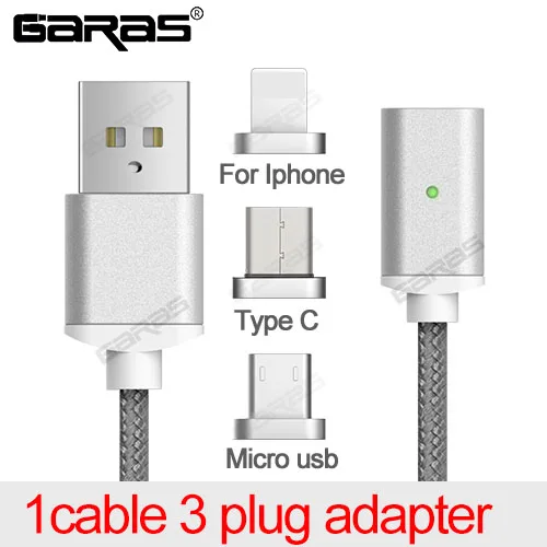 Gray1cable 3plug Магнитный кабель GARAS для Iphone/Micro usb type-C, адаптер, 3 в 1, быстрое зарядное устройство, кабели для мобильных телефонов, кабель type-C/Micro USB - Цвет: Gray1cable 3plug