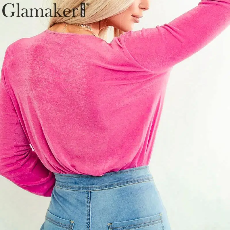 Glamaker бархатная женская рубашка, блузка, топ, женские сексуальные рубашки с v-образным вырезом feminina, Женский Топ, корейская мода, блуза с длинными рукавами, рубашка