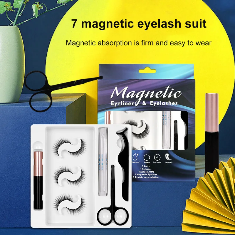 

Magnetic False Eyelashes Mink False Eyelashes Set Liquid Eyeliner Protein Care Tweezers Small Scissors Liquid Thick Curl