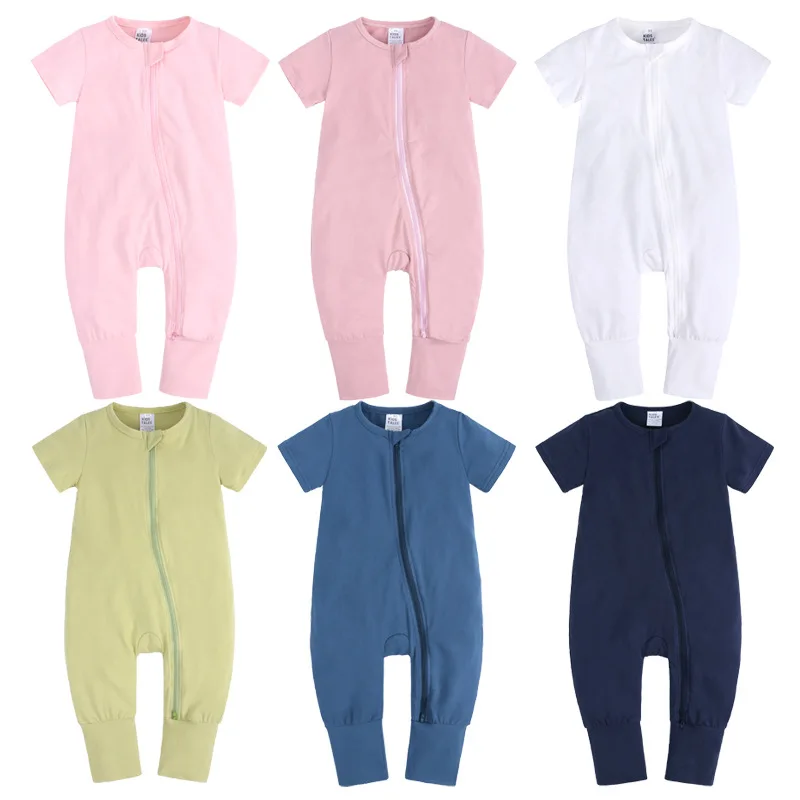 2021 Baby Girls Romper Cotton Short Sleeve Baby Rompers Summer Newborn Boy Solid Clothes zipper Infant Rompers 0-3Y