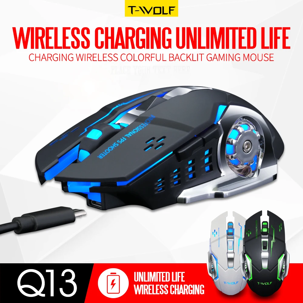 

T-WOLF Q13 Rechargeable Wireless Mouse Silent Ergonomic Gaming Mice 6 Keys RGB Backlight 2400 DPI for Laptop Computer Pro Gamer