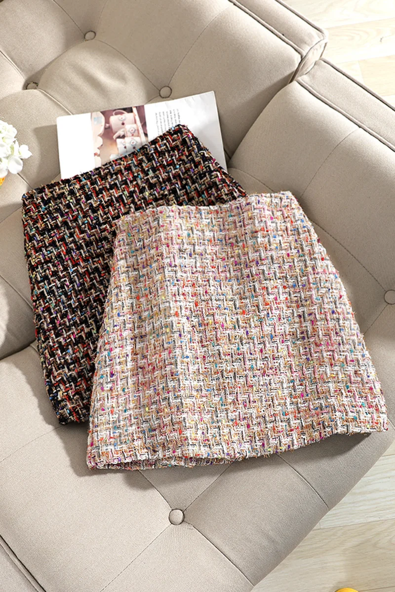 Твидовый плед Новый с высокой талией золотой шелк на сумку юбку бедра женщин |