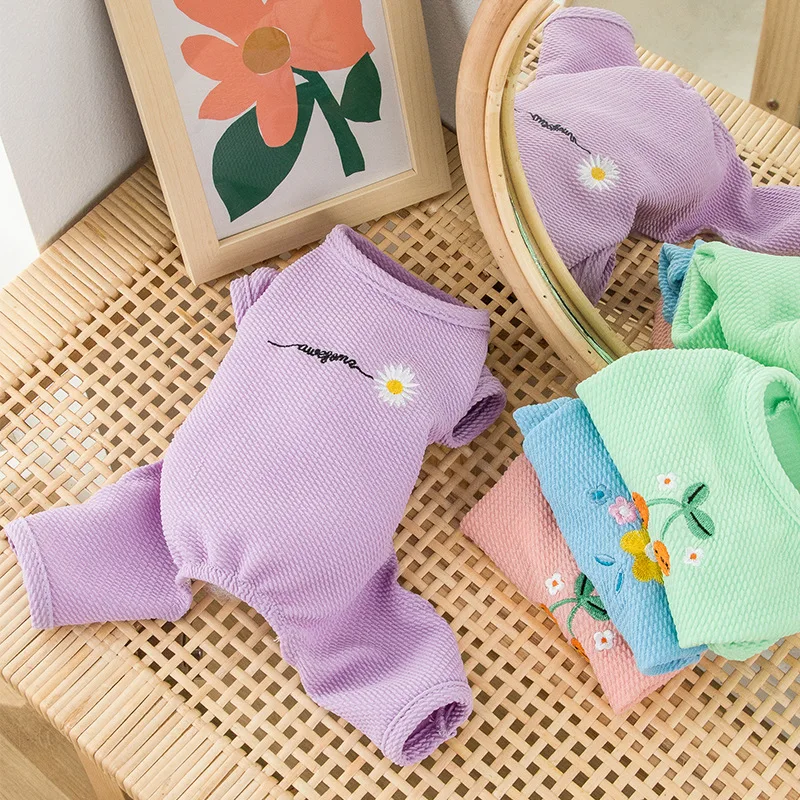 

New Puppy Spring Autumn Four-legged Breathable Bubble Embroidered Cherry Cat Small and Medium-sized Dog Pet Clothes Dog Jumpsuit