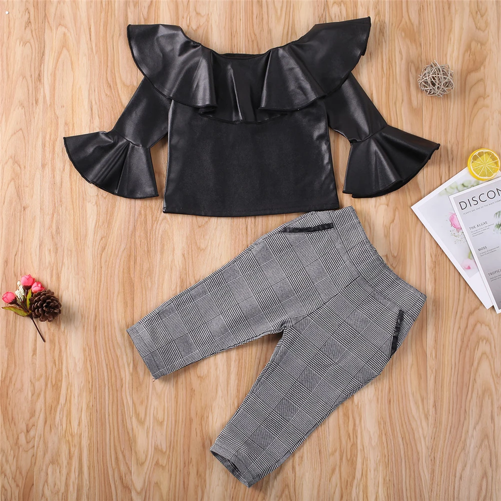 2 шт. топы из ПУ кожи с открытыми плечами и длинными расклешенными рукавами +