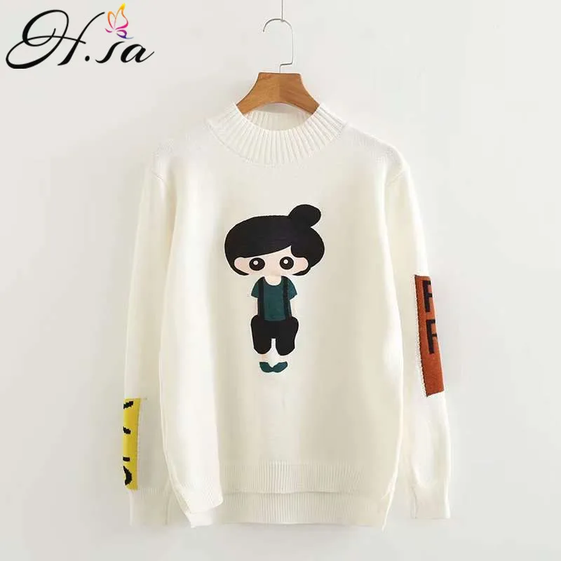 

H.SA Women Cartoon Sweater Long Sleeve Korean Knit Pullover Jumpers Patches Beige Winter Sweater Pull Femme Christmas Jumpers
