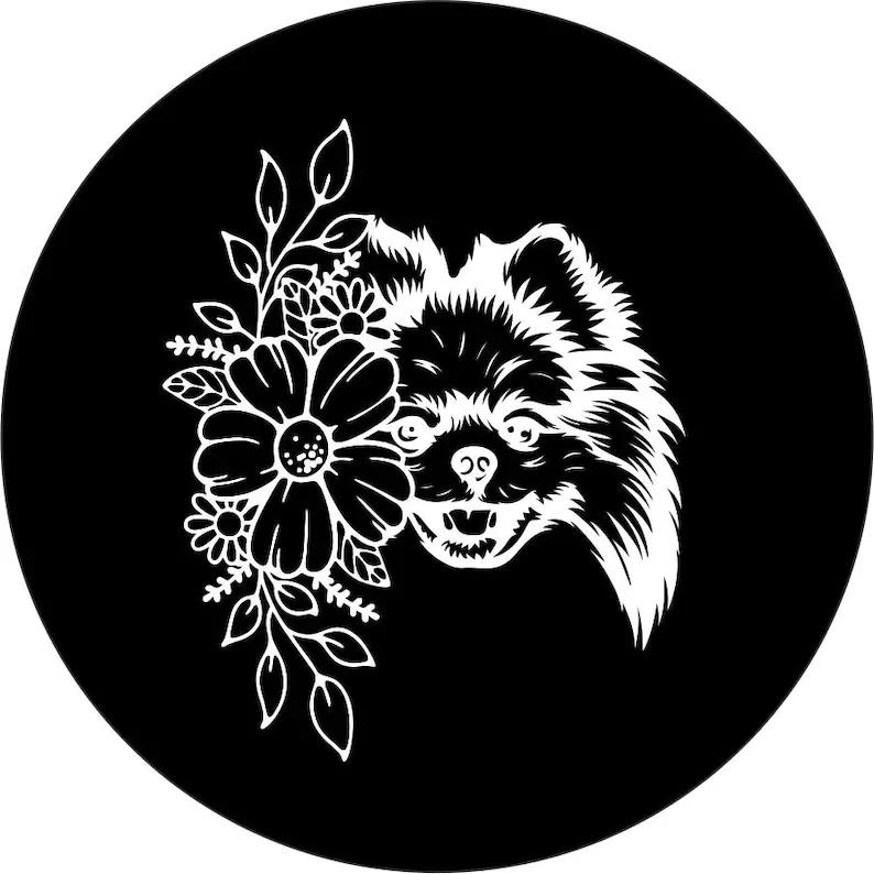 

Pomeranian with Flowers Spare Tire Cover for any Vehicle, Make, Model, Size - Jeep, RV, Travel Trailer, Camper & MORE