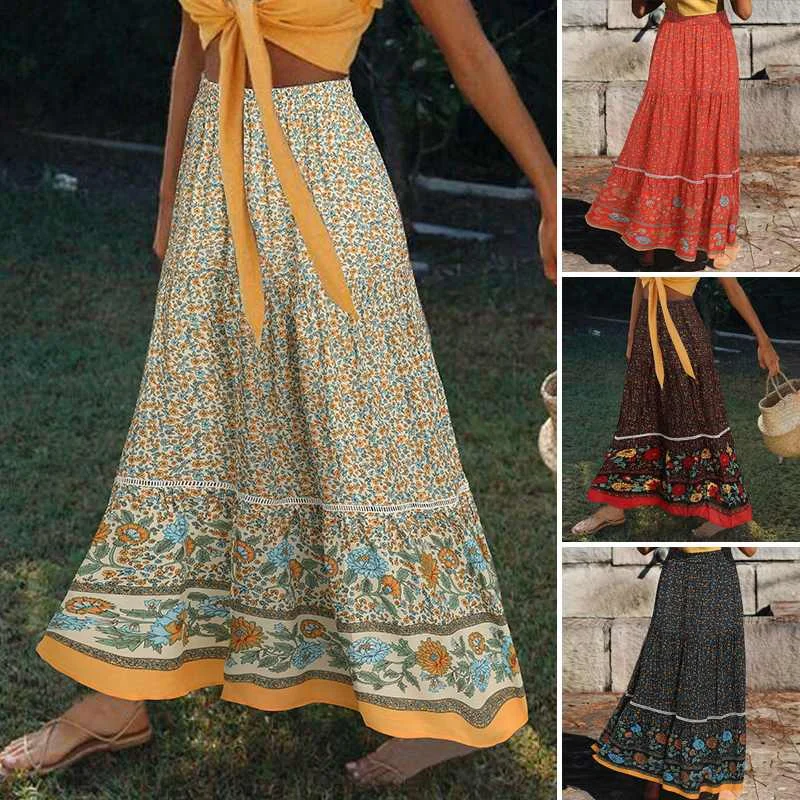 

Plus Size Women Summer Sundress ZANZEA Bohemian Printed Maxi Skirts Casual Elastic High Waist Vestidos Female Floral Ruffle Robe