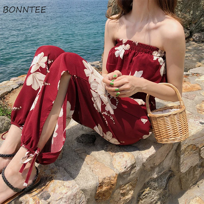 

Женские комбинезоны с принтом, свободные, простые, в Корейском стиле, с вырезом лодочкой, для отдыха, длинные брюки, женские, летние, универса...