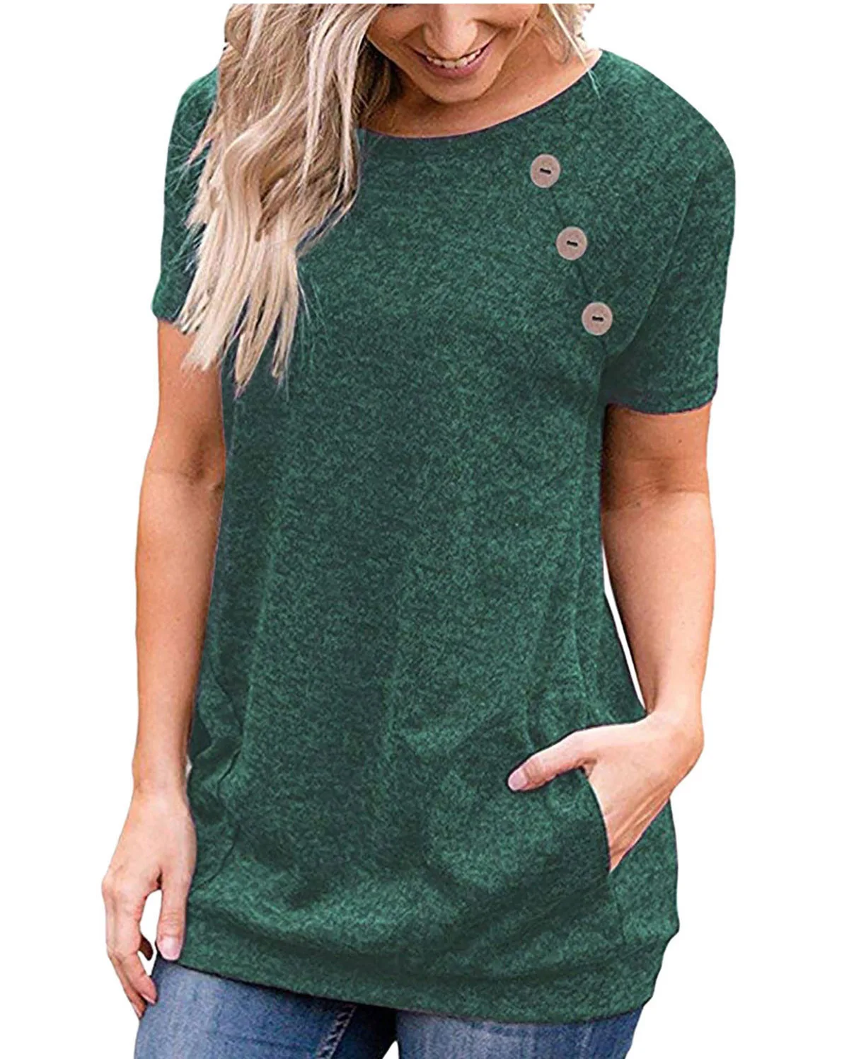 

2021 Summer pocket short sleeve button solid t shirt One piece cloth tops Black green purple tee shirt grande taille femme