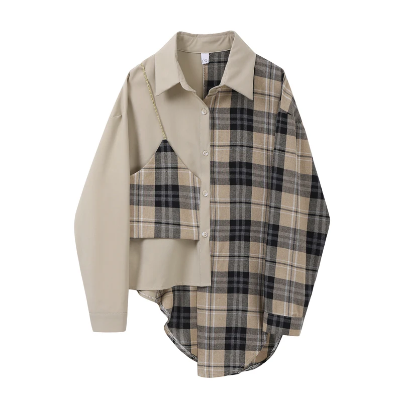 

Plaid Patchwork Elegant Women Long Blouse And Tops 2021 Spring TurnDown Collar Long Sleeve Casual Loose Designer Cotton Shirts