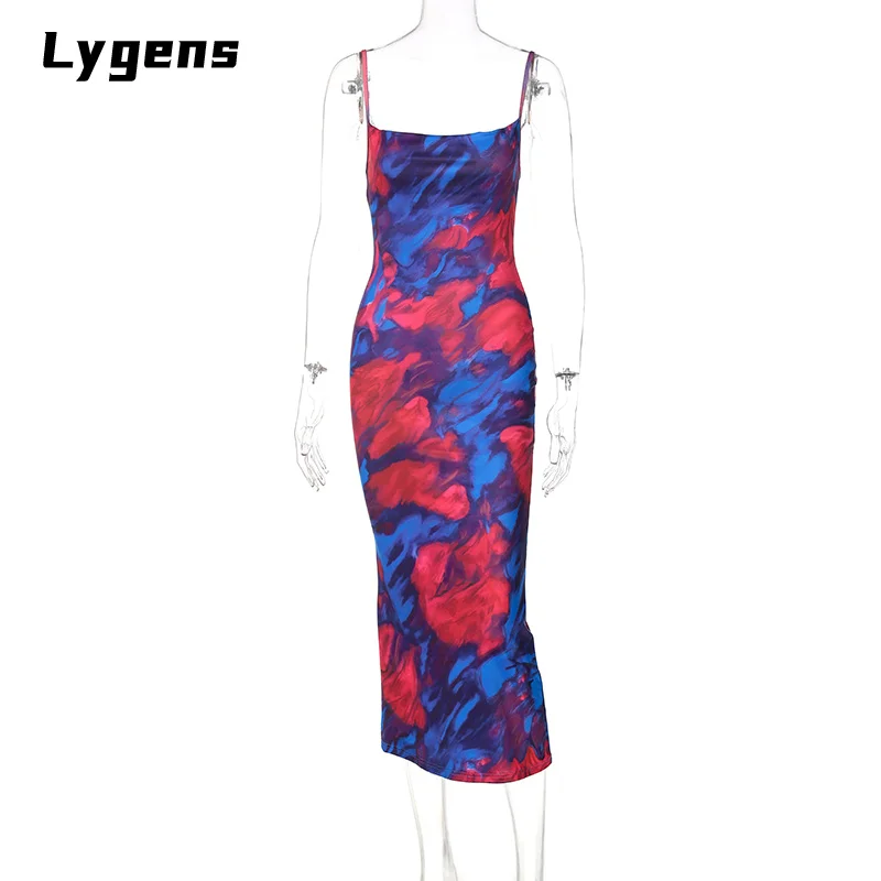 

Lygens Tie Dye Print Women Strap Midi Dress Bodycon Sexy Streetwear Party Club Elegant 2021 Summer Festival Clothes Y2K