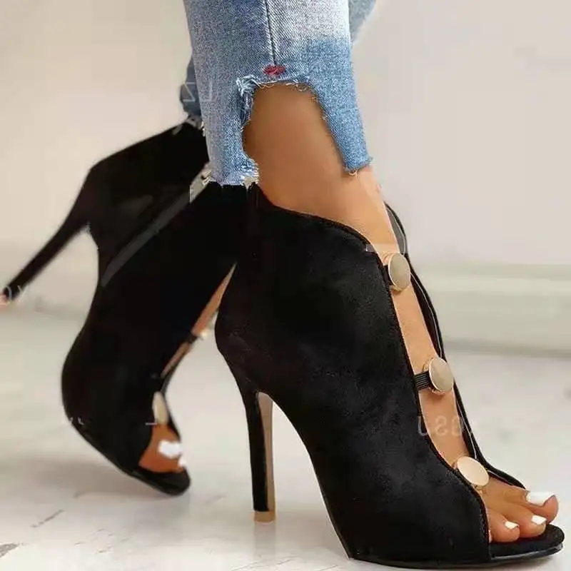 

2021 New Fashion New Women's High Heels New Sexy Zipper Flock Open Toe Heel Women Pumps Solid Color Metal Decor Ladies Shoes