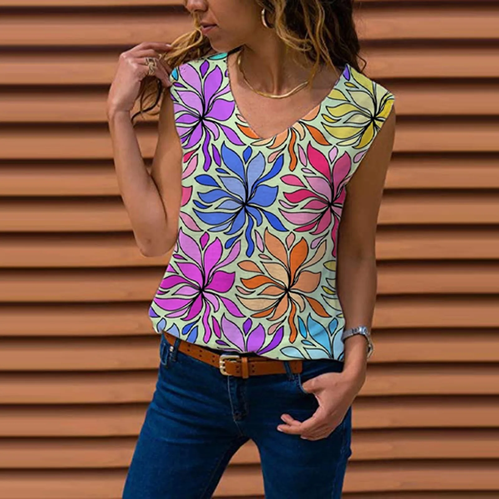 

SAGACE Ladies Casual Fashion Loose V-neck Colorful Printed Sleeveless Vest Top Colorful Printed Sleeveless Vest Top