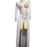 personality performance costume ladies four piece suit sequins rhinestones perspective dance wear party evening nightclub outfit