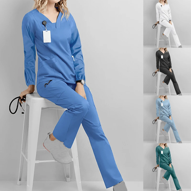 Conjunto de uniforme de trabajo para mujer, ropa de trabajo para salón de belleza, camisa de manga larga para enfermería, uniforme de enfermera Unisex, ajustado, médico