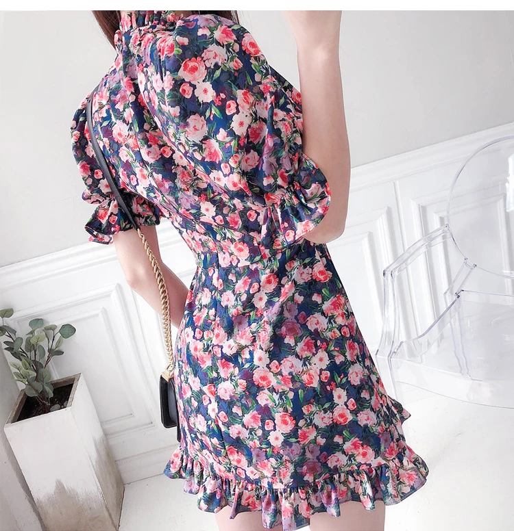 

Summer hight printing dress round neck puff sleeve slim new korean fashion sexy style office party for women temperament dress