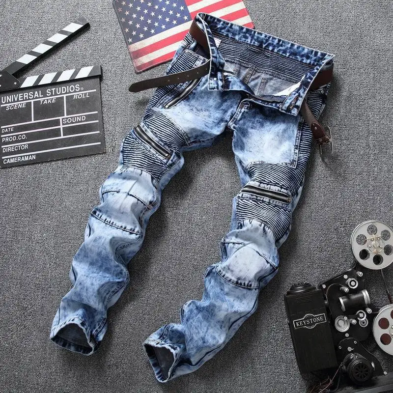 

Dropshipping Fashion New Biker Jeans Men's Distressed Stretch Ripped Hip Hop Slim Fit Holes Punk Denim Cotton Pants