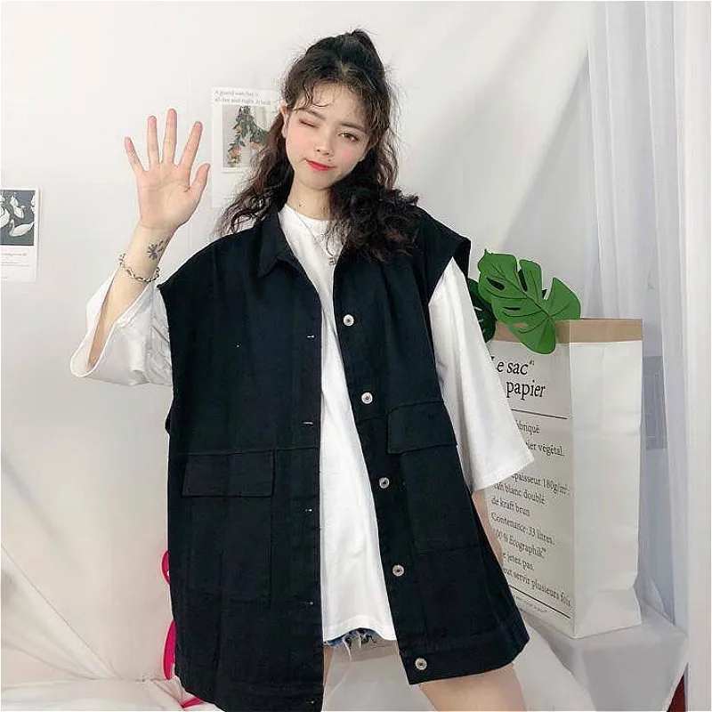 

Vests Women Harajuku Baggy Trendy Turn-down Collar All-match Single Breasted Pockets Ulzzang Cargo Simple Solid Couple New Fall