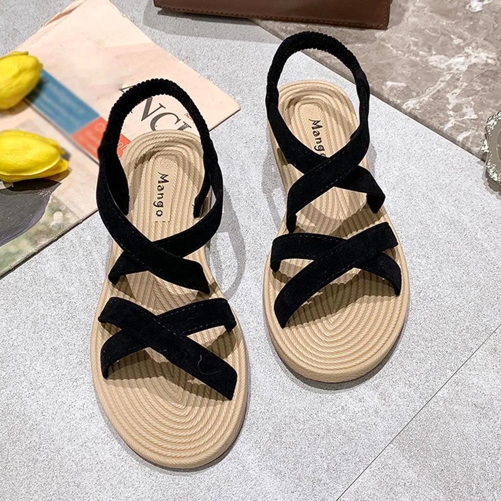 

comemore Summer Sandals Sandalias Women Solid Color Flock Cross Straps Open Toe Flat With Sandals Fashion Elastic Band Sandalen