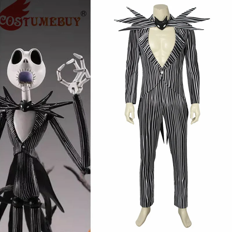 

Costumebuy The Nightmare Before Christmas Cosplay Jack Skellington Costume Black Stripe Suit Full Set Halloween Custom Made