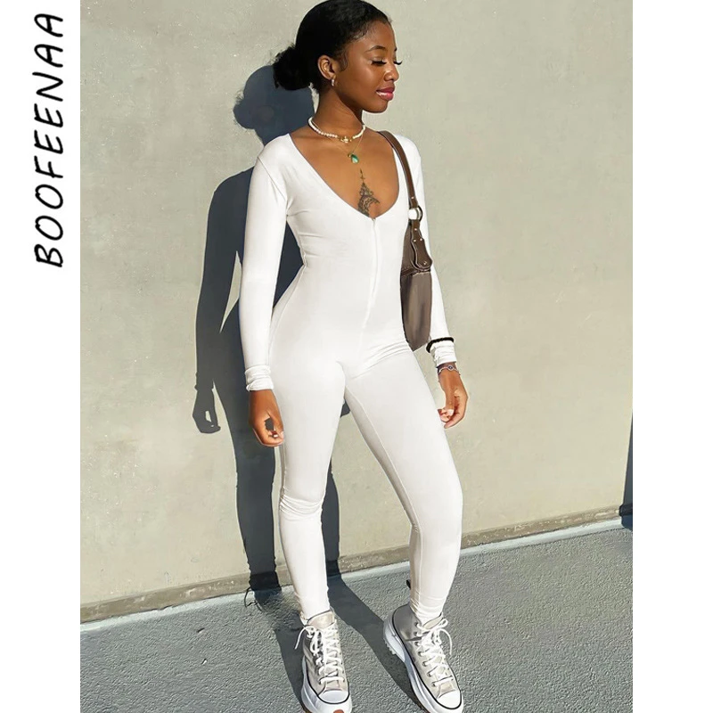 

BOOFEENAA White Jumpsuits for Women Zipper V Neck Long Sleeve Bodycon One Piece Outfits Fall Winter Wholesale Items C87-CF32