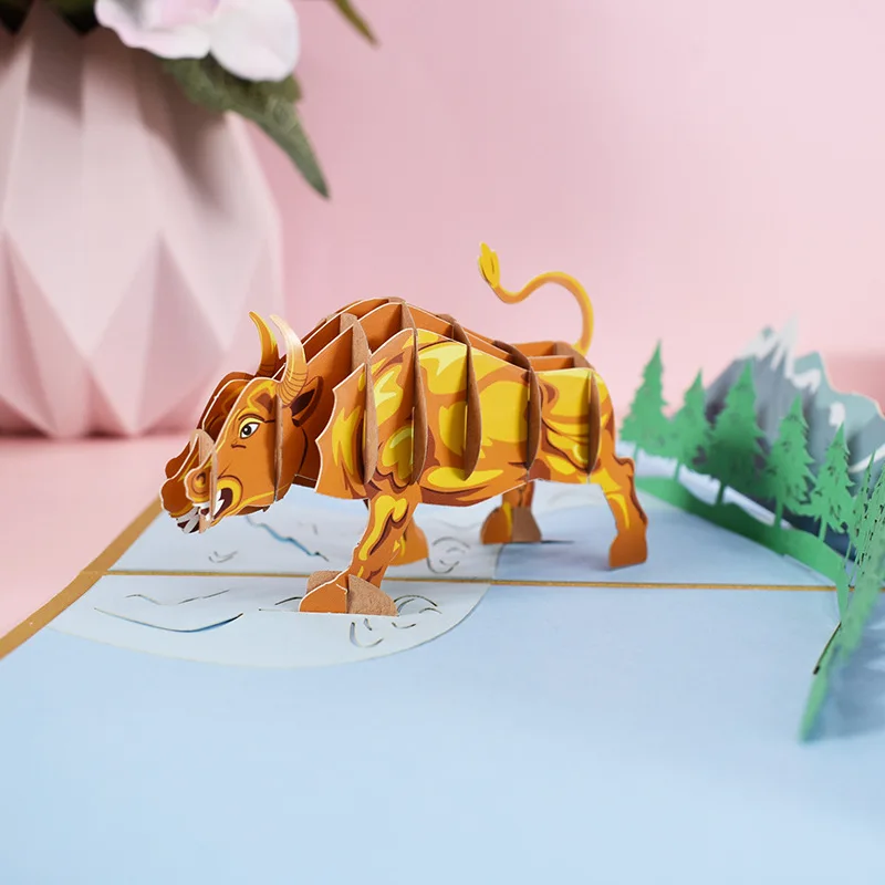 

3D Pop-Up Animal Cattle Greeting Card 2021 New Year Cow Postcard for Birthday Kids Baby Shower with Envelope Greeting Card