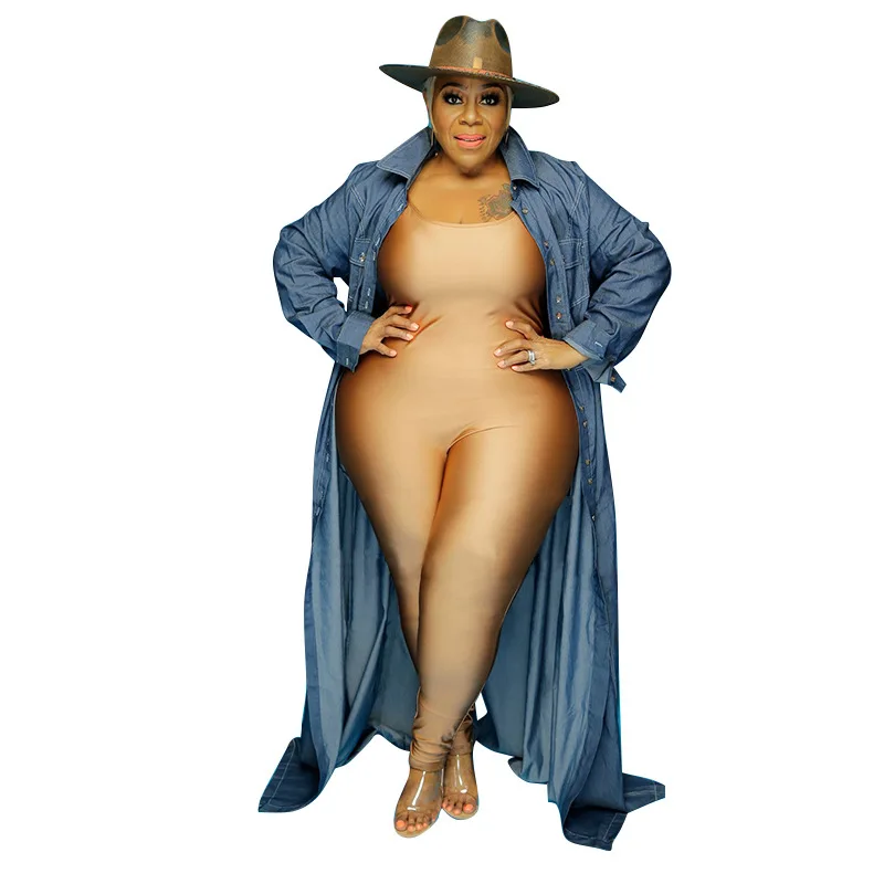 

Fashion Women Denim Dress Plus Size Lapel Collar Long Sleeve Single Breasted Casual Floor Length Dresses XL-5XL For Party