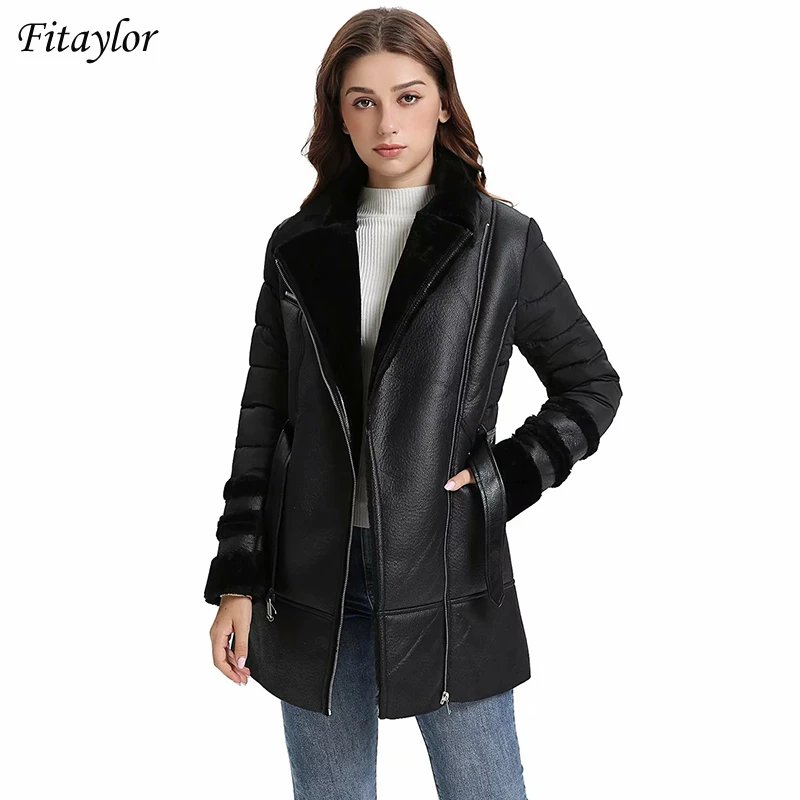 Fitaylor New Winter Women Patchwork Lamb Fur Overcoat  Turndown Collar Zipper Motorcycle Outwear Faux Soft Leather Long Jacket