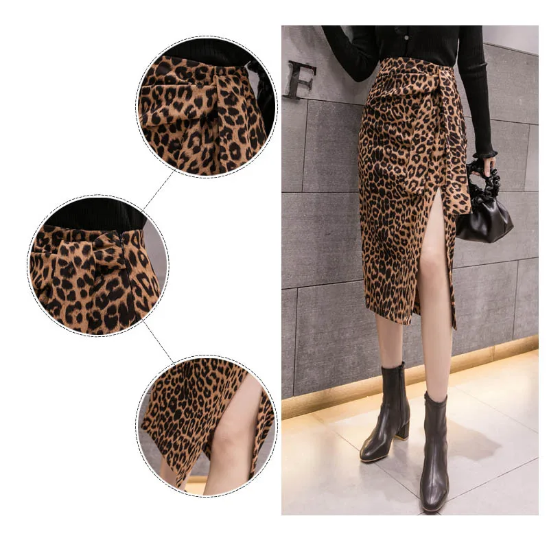 

2019 Autumn Leopard Print Suede Skirts Womens Bandage High Waist Split Evening Party Skirt OL Office Work Ladies Dot jupe femme