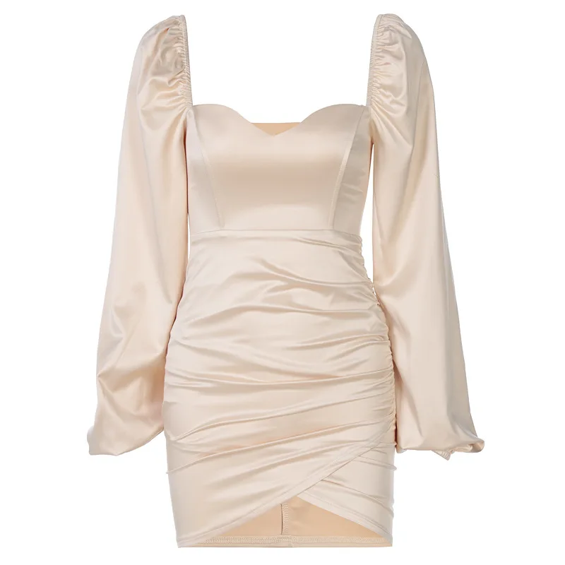 

Jane Deiune 2021 Spring Autumn Women Square Collar Lantern Sleeve Slim Skinny Fashion Elegant Sexy Party Dress Lady Chic Vestido