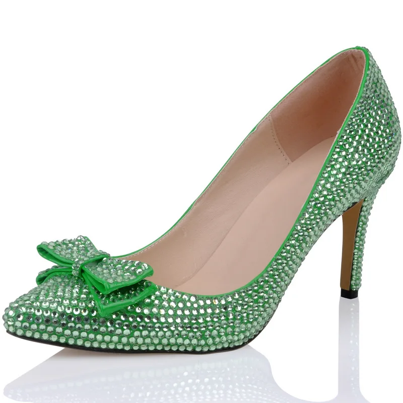 Sexy Pumps Wedding Women Fetish Shoes Pointed Toe Rhinestones Sequined Cloth 8CM Thin High heels Slip On Butterfly-knot Bling