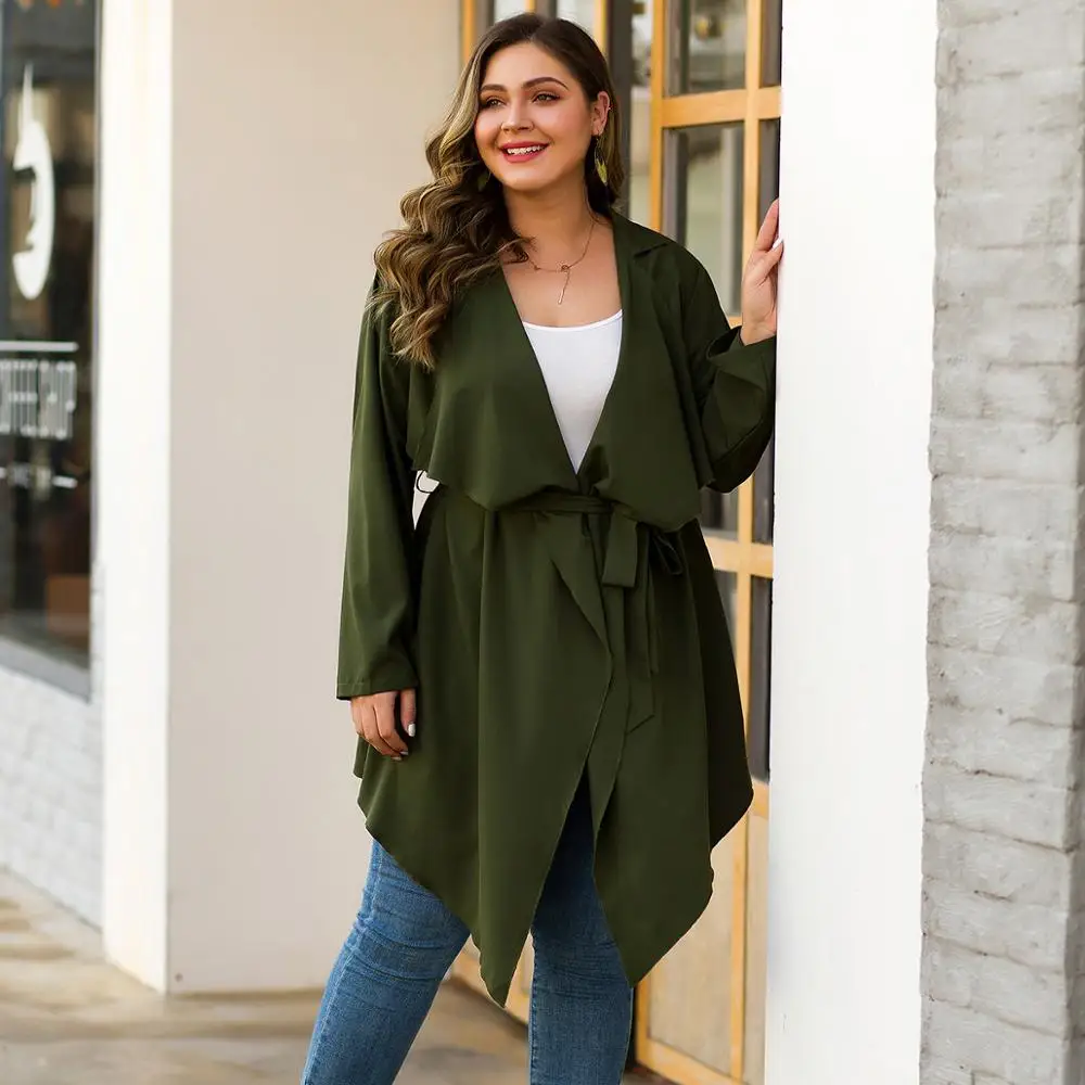 WHZHM куртки и пальто с поясом женские зеленые однотонные отложным воротником