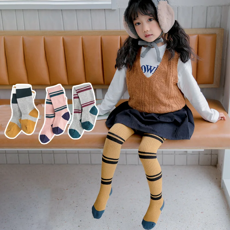 

Spring Autumn New Children Pantyhose Stitching color Striped Knit Cotton Warm Girls Tights Baby Kids Girl Stockings